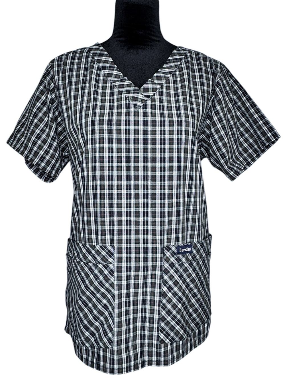 LANDAU Blue Green Red White Plaid V-neck Scrub Top Medical Uniform Medium